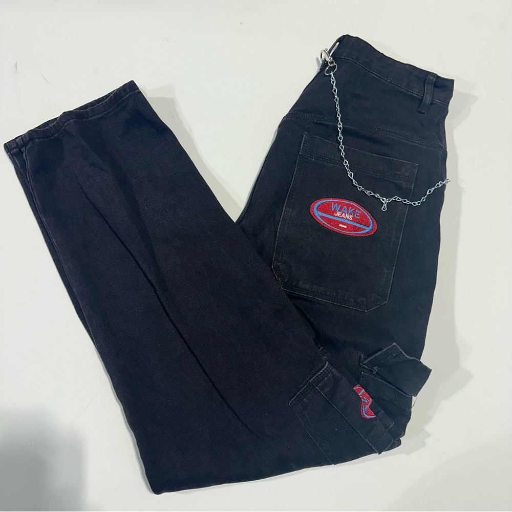 Shein High Waisted Black Wake Jeans Wide Cargo Pants Side Pocket M